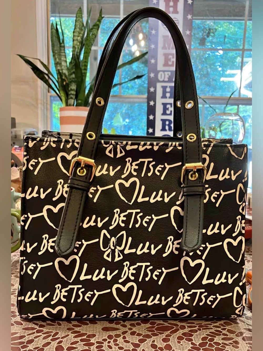 Betsey Johnson Black and White Luv Betsey Script Tote